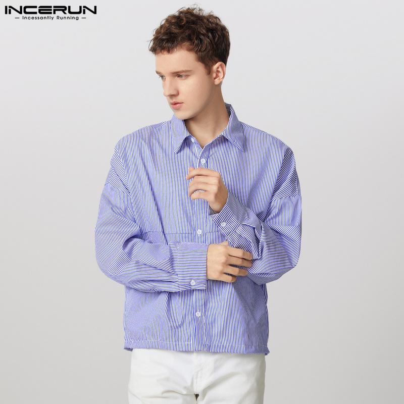 INCERUN Men Lapel Neck Long Sleeve Striped Casual Buttons Up Shirts