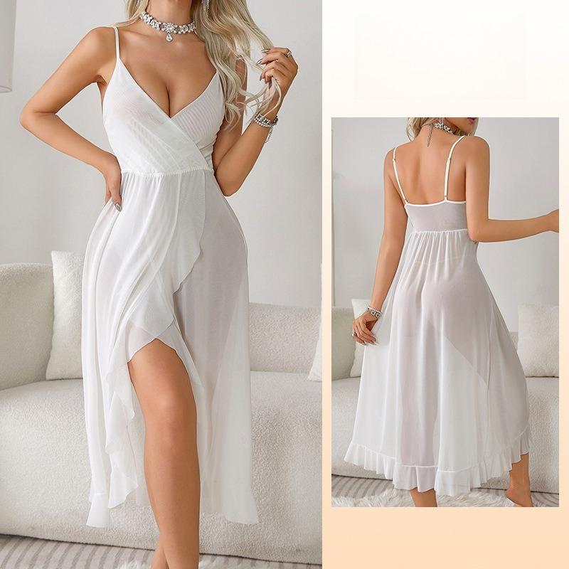 Elegantes V-Ausschnitt Nachthemd mit hohem Schlitz, rückenfrei, ärmellos, sexy Cami, Damen-Loungewear 683, anspruchsvolle, schmeichelhafte Nachtwäsche für selbstbewusste Frauen