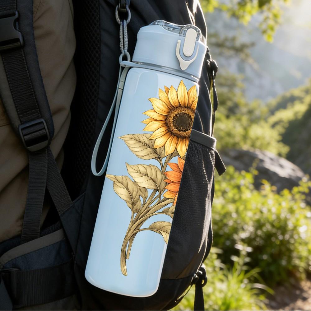 1PC Single Sunflower Watercolor Flower Print 750ml Color Plastic Sports Water Bottle Leakproof Flip Straw Lid Suitable for Sports Office Home Use