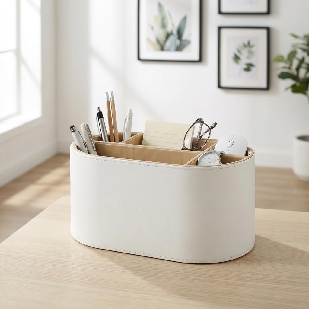 KINGFOM Multifunctional Desk Storage Box with Design for Pen Small and Remote Ideal for Office and Home Use Leather-Look [5 Compartments] Holders,