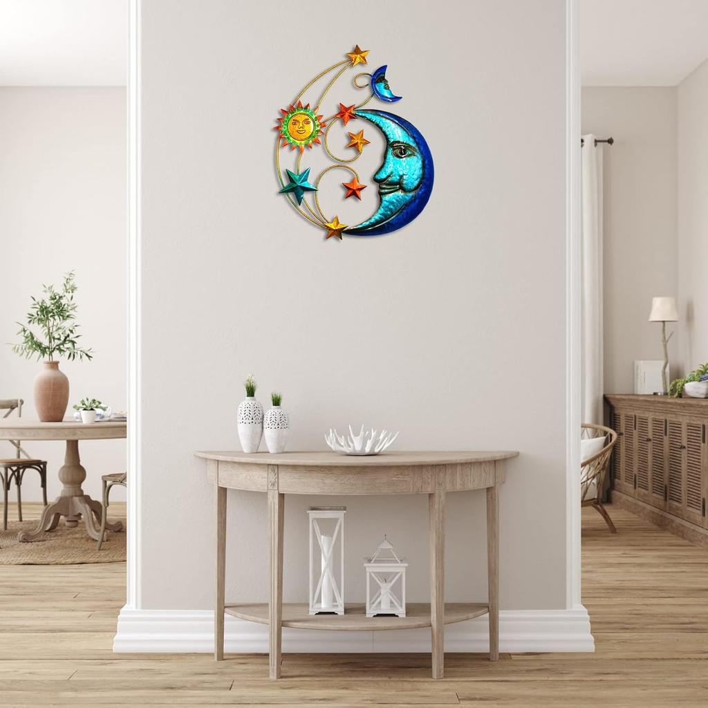 Metal Sun Outdoor Wall Art Decor, Large Size 17'' Sun Face Metal Wall Sculpture with Moon & Stars for Home Wall Decoration Living Room, Bedroom,