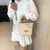Beach woven contrasting color bucket bag women's 2025 summer new casual handbag fashion trendy shoulder messenger bag