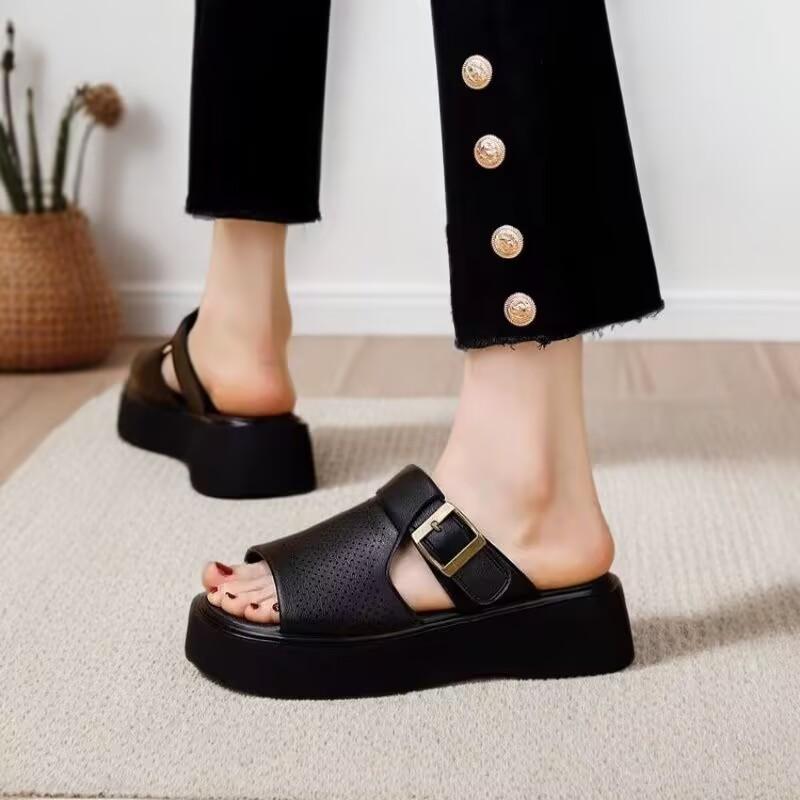 Fashion 2025 New Women'S Upper  Sandals Open Toe Roman Thick Sole Flat Sandals Hollow Breathable Comfort Slippers