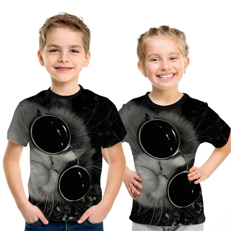 Children's Clothing Boy Girl Short Sleeve Children Summer Clothes 3D Cat Print Lovely Black T-Shirt 2024 Kids Clothes Girl Tops