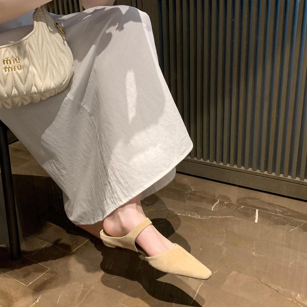 Cowhide Version~ French One-word Belt Leather Muller Half Slippers Women's Summer Outer Wear Bag Head Flat Bottom Cool Slippers Half Tray