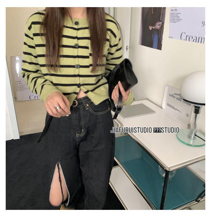 Zelený pruhovaný úplet Dámský retro kardigan - Podzimní ležérní styl, Dlouhý rukáv, Krátký svetrový kabát