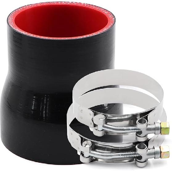 3 To 4 Inches Straight Black Silicone Reducer Coupler With 2 T-Bolt Clamps 4 Layers Of Polyester Reinforcement Suitable High Level Turbo Pipe
