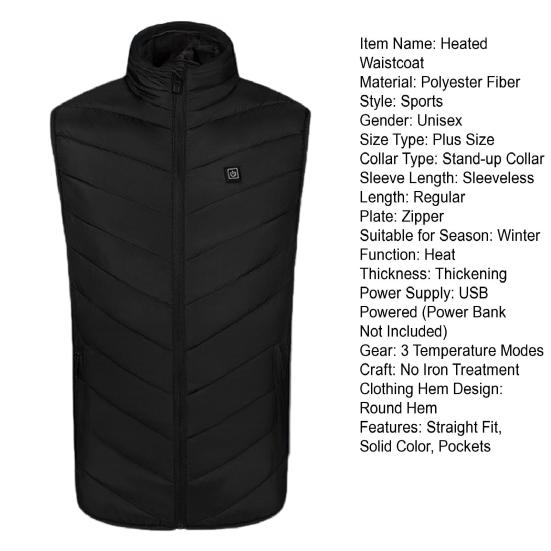 Unisex Heated Waistcoat USB Heating Vest 3 Temp Modes 4 Heating