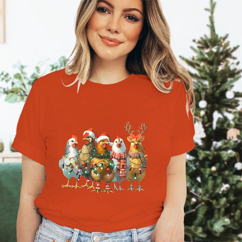 Festive Fashion Tshirt Women Merry Christmas Chicken Cartoon Tshirts Country Life Lovers Christmas Party Gift Essential Tops