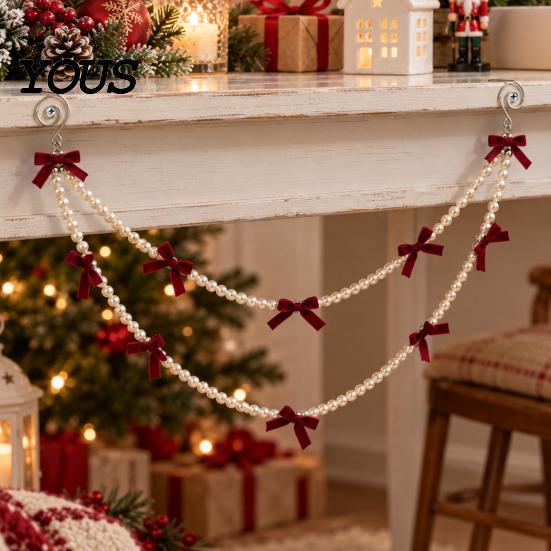 Seasonal Home Accents Christmas Velvet Bow Faux Pearl Garland, 2 Layers Beads Festive Party Hanging Ornaments String Strand for Tree, Wreath,