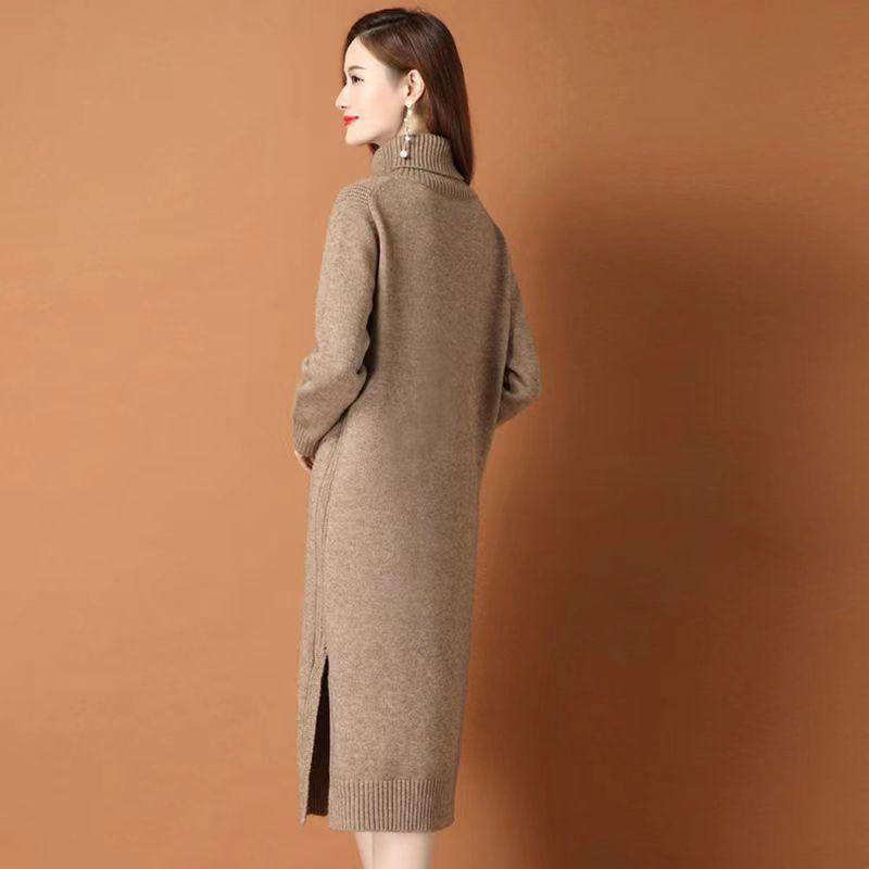 Turtleneck Sweater Dress for Women Solid Color Mid-length Knee-length Knitted Sweater Loose Long-sleeved Pullover Autumn and Winter