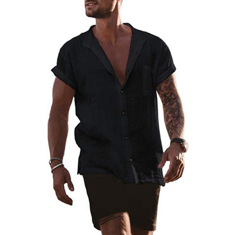 Herren Leinen Baumwolle Kurzarm Button-Down Freizeithemd