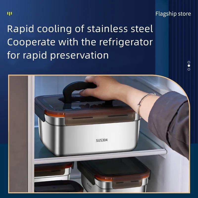 Food Grade 304 Stainless Steel Bento Box - Large Capacity Sealed Storage Box with Handle, for Household Refrigerator & Picnic