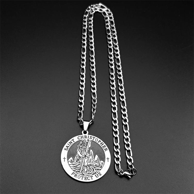 Saint Christopher Protect Us Enamel Medal Pendant Necklace for Women Men Stainless Steel Christian Chain Amulet Jewelry Gift