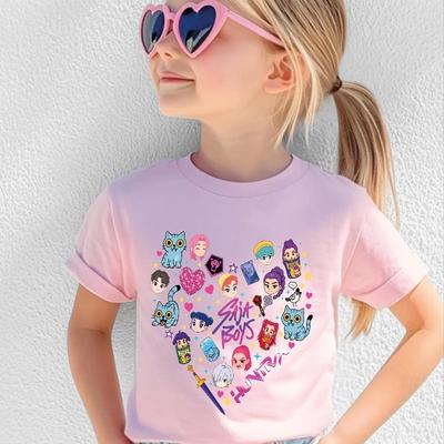 2026 Heißes Huntrix Kpop Liebesmuster T-Shirt für Jungen Mädchen Fans Geschenk Sommer Rundhals Kurzarm T-Shirts Mode Kinder T-Shirt