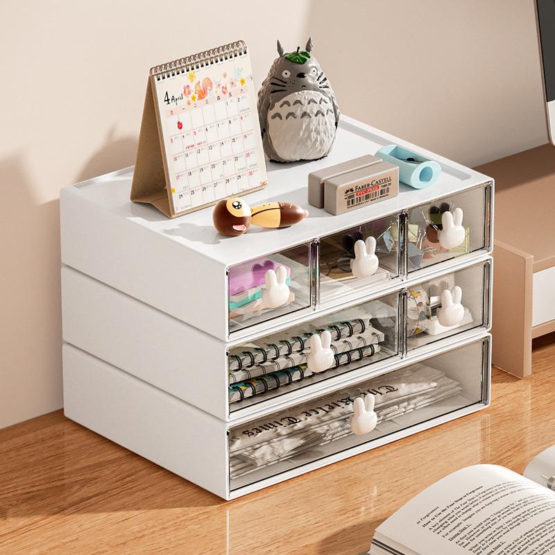Desktop Cosmetic Kawaii Stationery Storage Box Ins Plastic Drawer Storage Pen Cabinet Office Desk Stackable Storage Organizer
