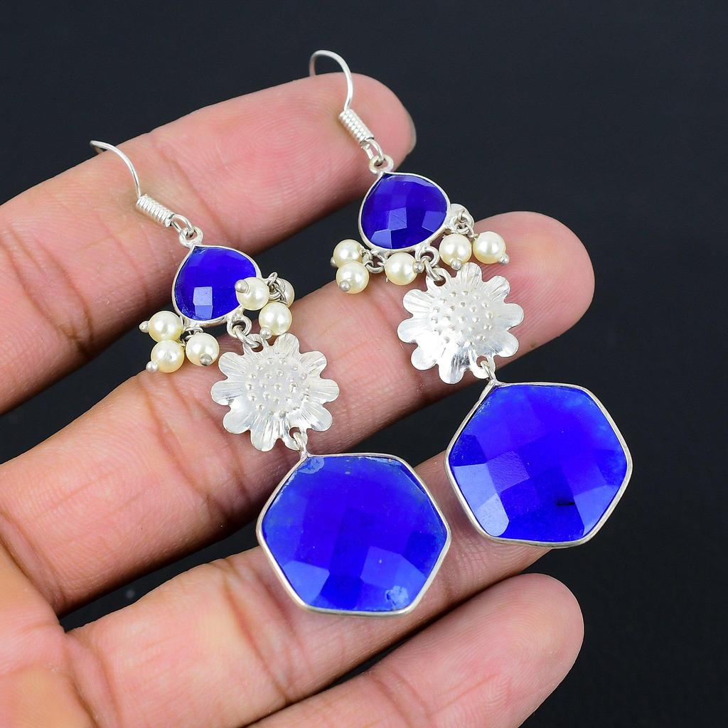925 Silver Hexagon Blue Sapphire Stone Engagement Boho Dangling Earrings Jewelry