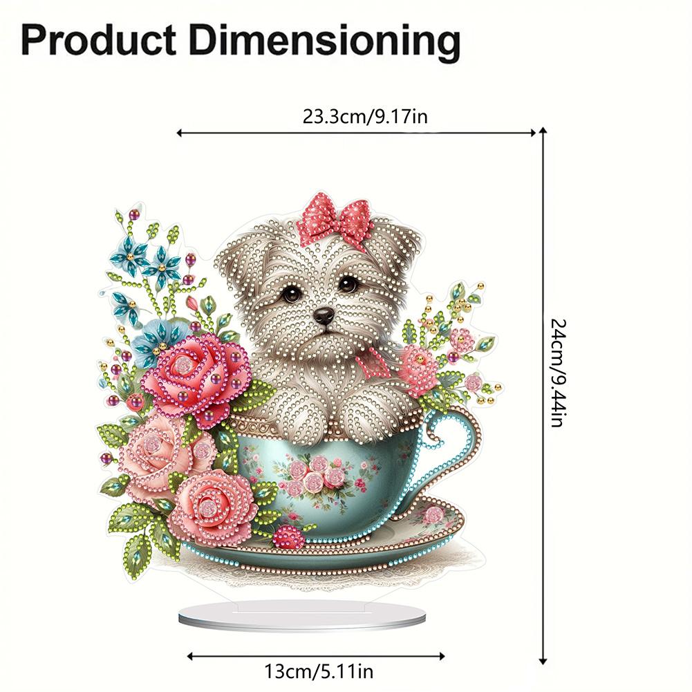 2D Flat Teacup Puppy Print DIY Table Top Diamond Painting Ornament Kits Desktop Diamond Art Kits for Home Office Desktop Decor