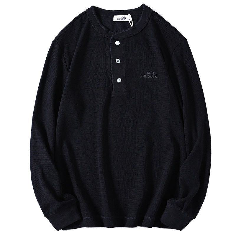 HK Company Tail Single Washed Minimalist Easiest for Match Men Waffle Small Embroider Henry Collar Long Sleeves T-shirt Bottoming Shirt Fashion