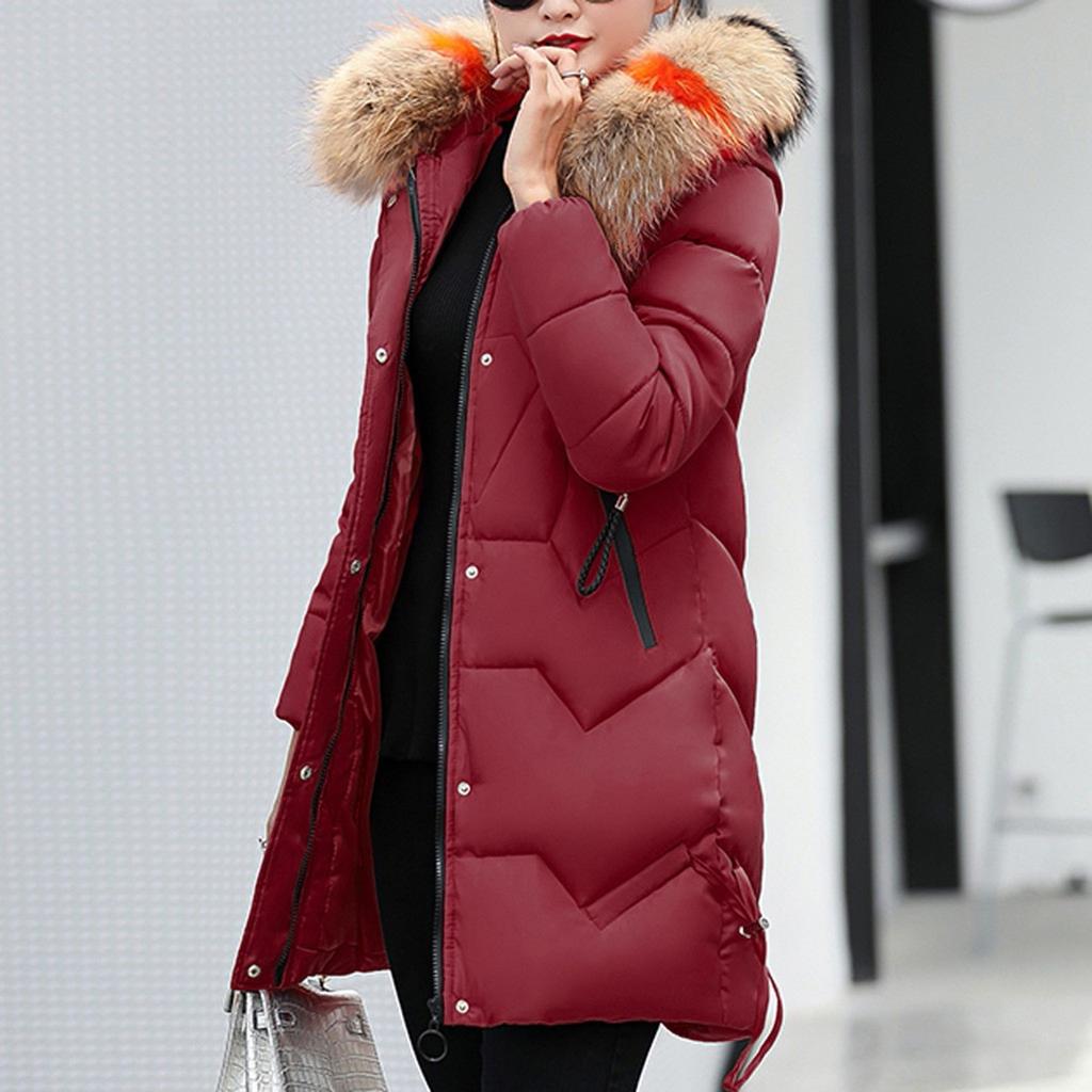 Women's Fashion Big Hair Collar Slim Waist Long Down Cotton Jacket Cotton Coat