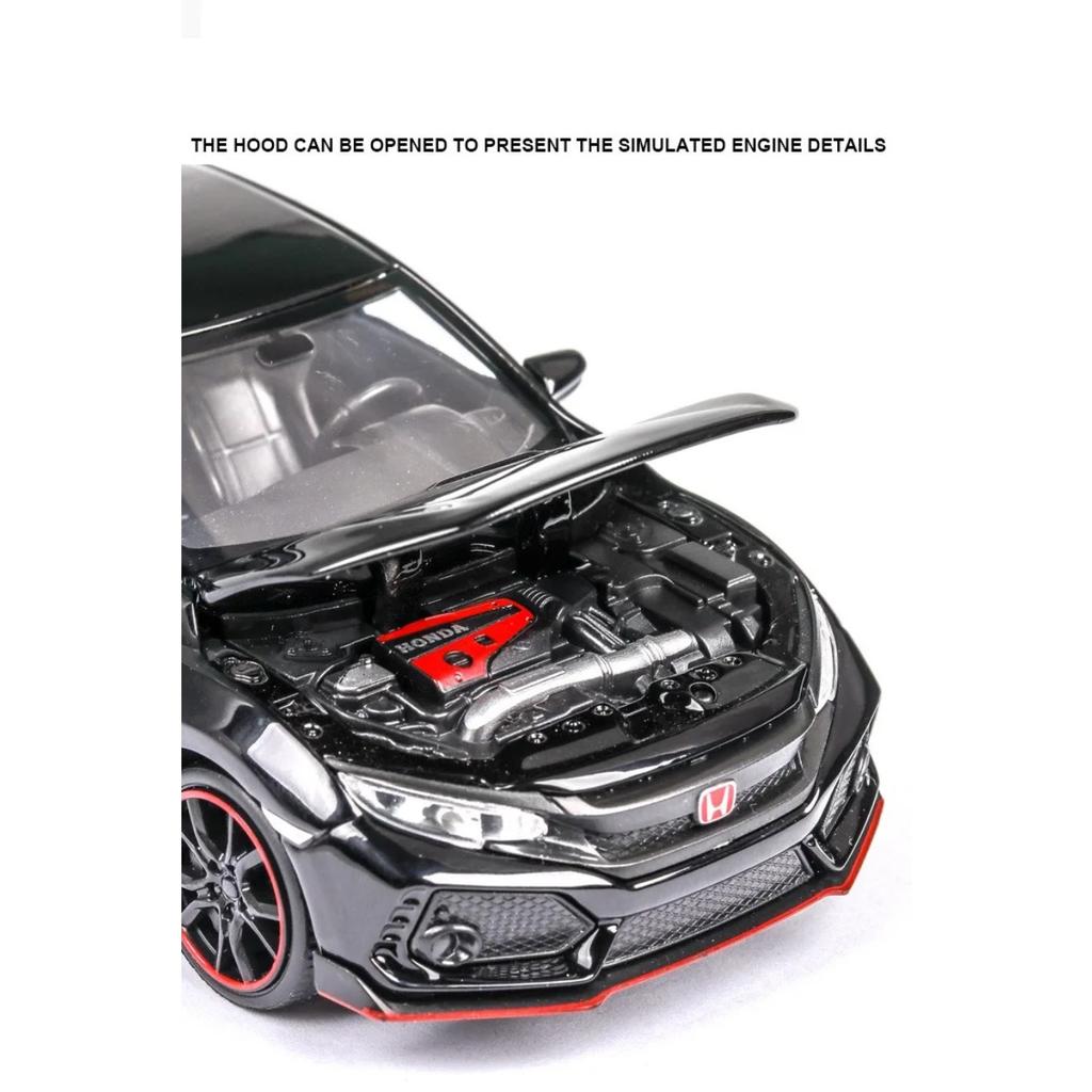 Maßstab 1/32 Honda Civic Type R Spielzeugauto für Kinder Diecast Miniaturmodell Rückzugsantrieb Türen zu öffnen Sound Licht Sammlung Geschenk Jungen