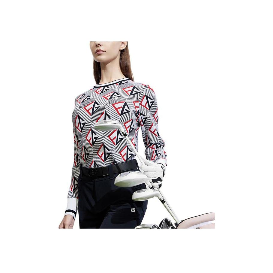 FILA Golf Series All Over Print Sports Crew Neck Long Sleeve Knit Top Women tops Legendary-Blue A11W415406F-NV