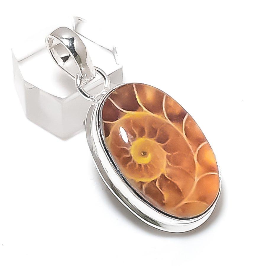 Natural Ammonite Fossil Gemstone 925 Sterling Silver Jewelry Pendant 1.77" b9R95