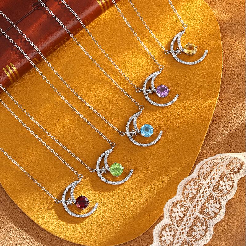 Xingyue natural colored treasure necklace s925 sterling silver inlaid amethyst peridot pendant niche light luxury collarbone chain women