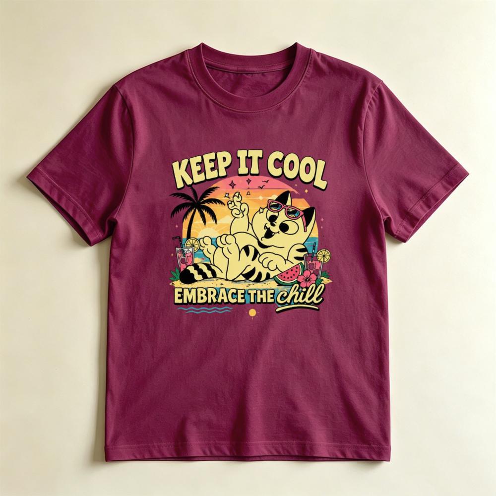 Retro Summer Cat Tee Keep It Cool Embrace The Chill Beach Vibes Vacation Cat Lover Graphic TShirt Unisex Crewneck Cotton Shirt