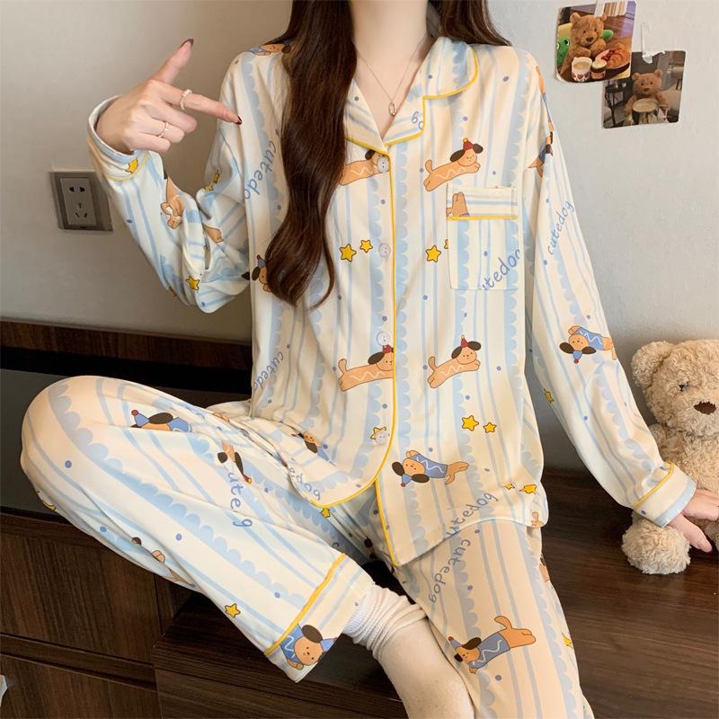 Imitation cotton ins style bow pajamas women's spring new fashion lazy long-sleeved loungewear two-piece set