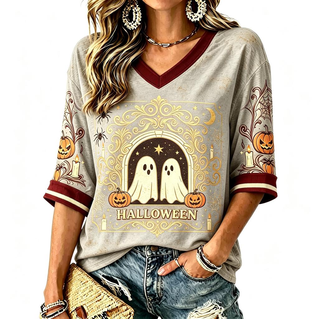 Women's Fashion Casual Halloween Print V-Neck T-Shirt