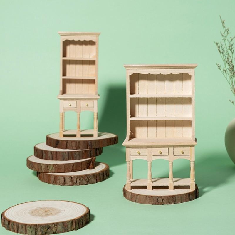 Wood Miniature Cabinet for 1/12 Scale Doll House Accessories Unpainted Organization Bookcase for Scene Display Decoration