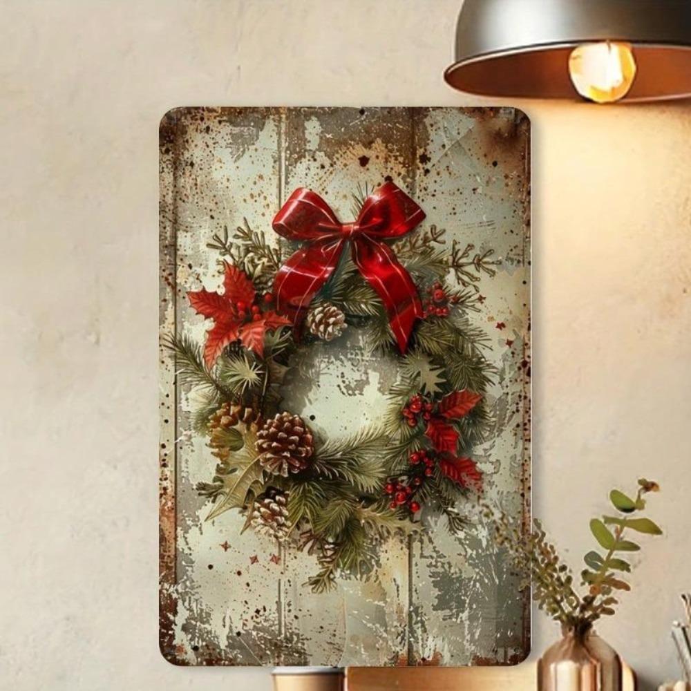 Vintage Metal Tin Sign Retro Christmas Wreath Wall Decor Home Kitchen Bar Gift