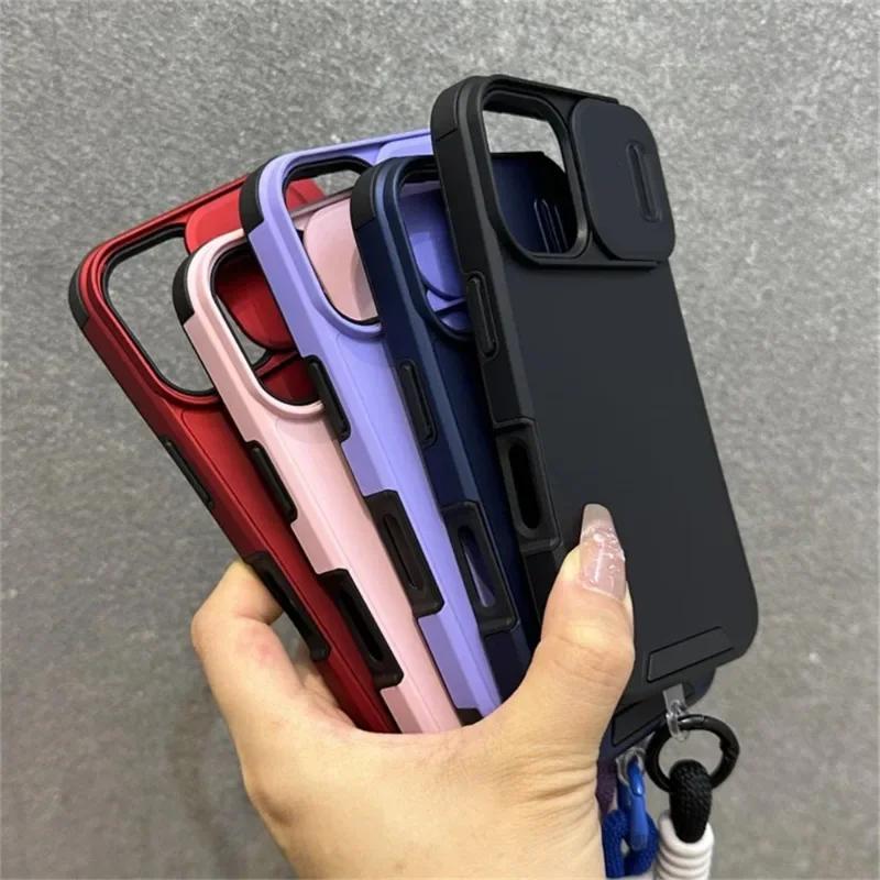 Pouzdro Armor s posuvným okénkem, ochranou, šňůrkou na zápěstí pro iPhone 17 Air 16 15 13 12 11 14 Pro Max, jednobarevný nárazník, kryt se šňůrkou