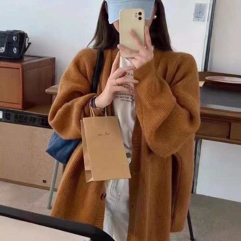 Autumn and winter V-neck loose soft waxy solid color knitted cardigan sweater casual versatile lazy style design women's coat