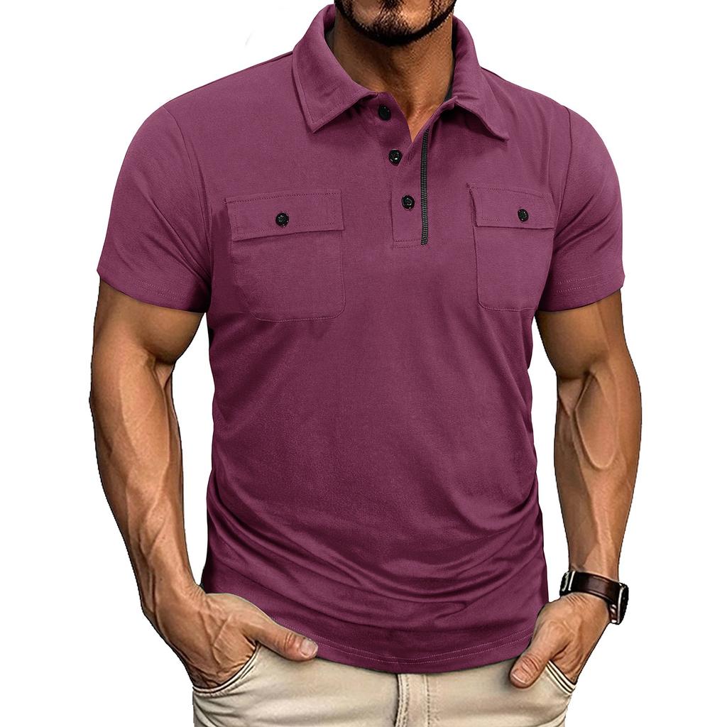 Men's Casual Short Sleeve Work Shirt Slim Fit Polo Style with Dual Chest Pockets Button and Zipper Closure Lightweight Fabric