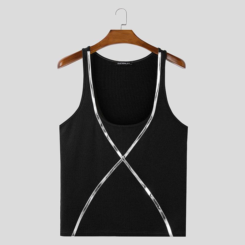 INCERUN Men Summer Strap Sleeveless Cross Patchwork Casual Fitted Tank Tops