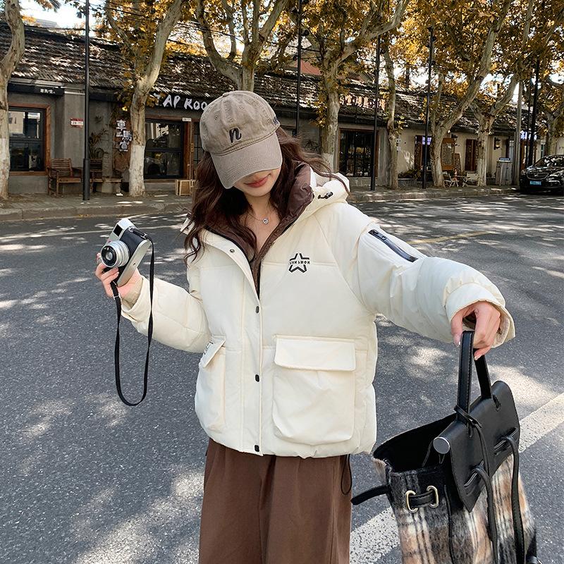 Cotton-padded women's coat new hooded bread clothes big pockets color matching winter loose short fashion cotton clothes