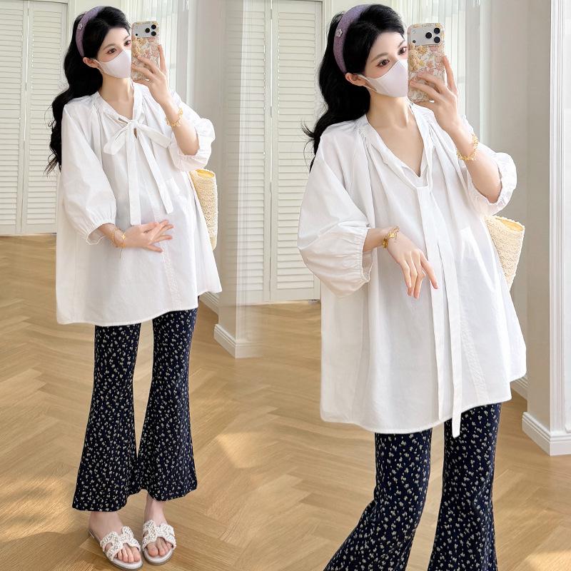 2026 Summer Maternity Set: Loose-Fit Shirt & Floral Flare Pants Medium (M)