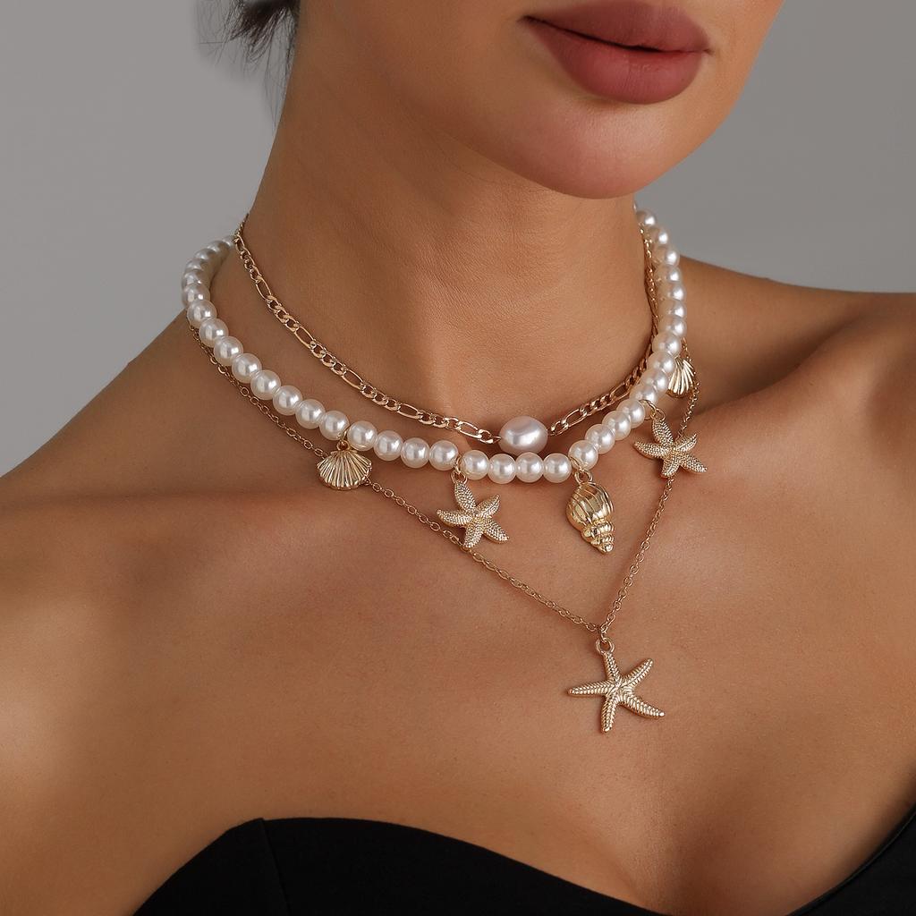 Ocean Elements Starfish Pendant Pearl Necklace Summer Beach Vacation ins Wind Collarbone Chain