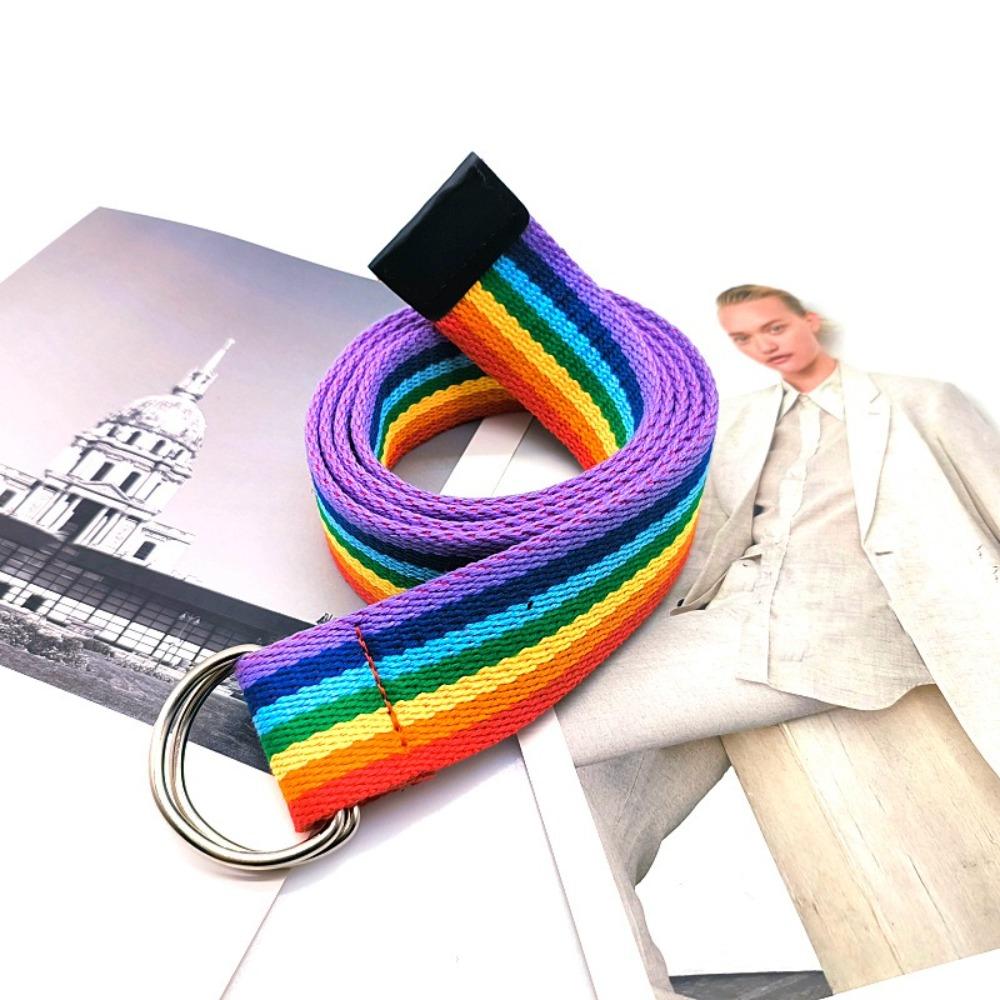 D-shaped Buckle Men Belt Nylon Canvas Waist Belt Trendy Rainbow Canvas Belt For Jeans