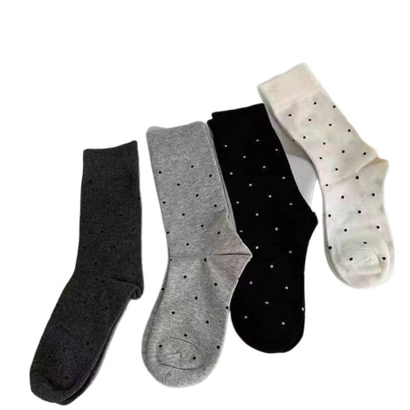 Mid-Calf Pure Cotton Socks - Korean Trendy Cute Sports Polka Dot with Rolled Hem for Spring, Autumn, and Summer.