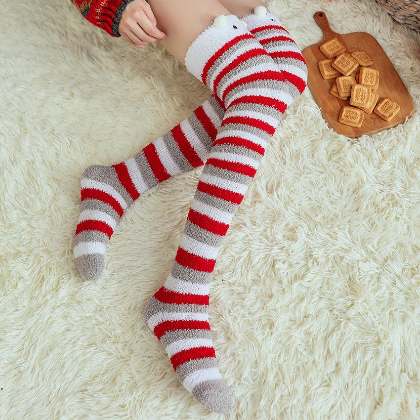 Autumn and Winter Coral Fleece Sleep Socks Thickened and Warm Christmas Gift Cartoon Calf Socks Half-fleece Women's Over-the-knee Socks