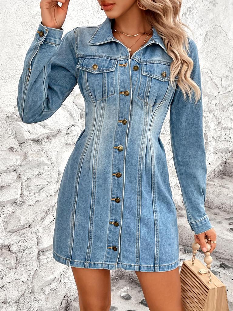 European and American Retro Waist-Cinching Slim Denim Dress