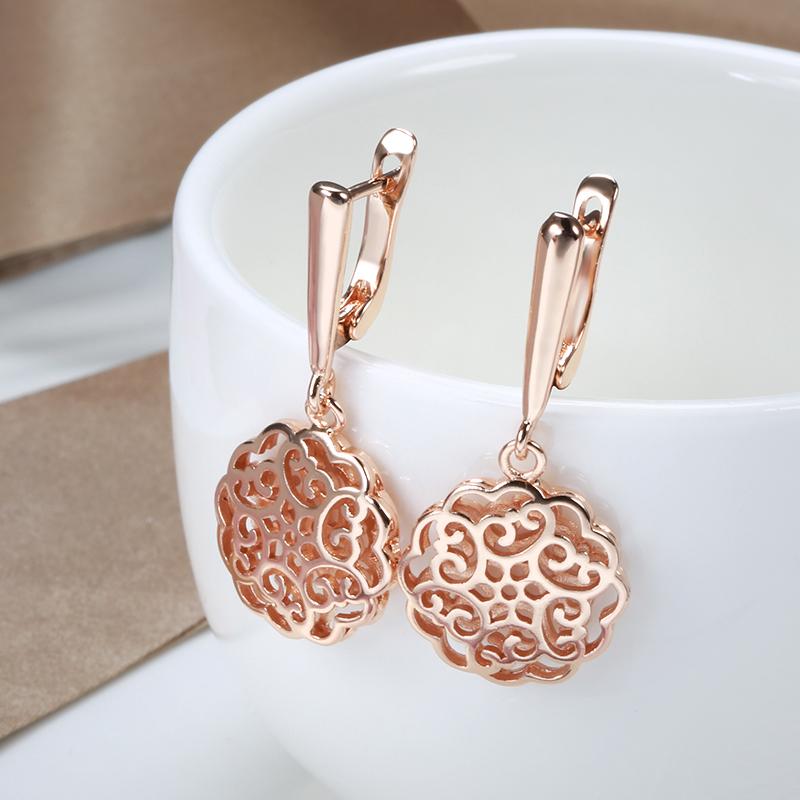New Trendy Rose Gold Drop Earrings For Women Unusual Hollow Flower Big Earrings Fashion Ethnic Bride Wedding Jewelry