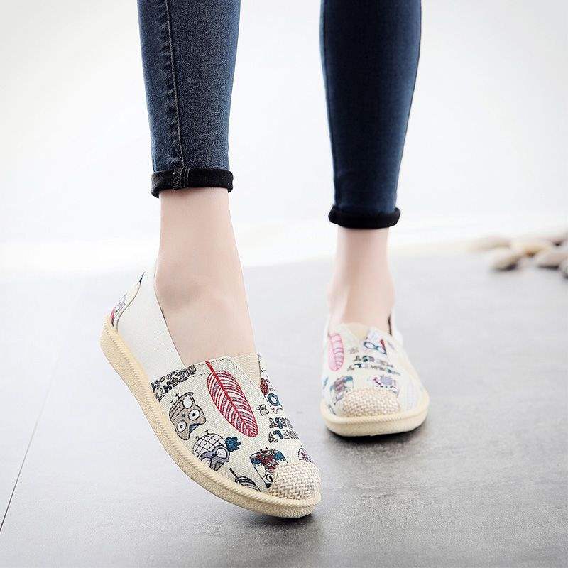 Canvas shoes spring breathable flat-bottomed one-pedal cartoon cloth shoes