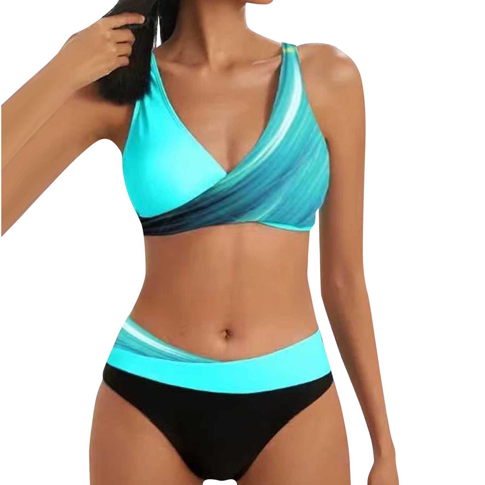 

Женский сексуальный купальный костюм бикини с разделенным принтом и подушечками для бюстгальтера и без стального бюстгальтера XXL синий