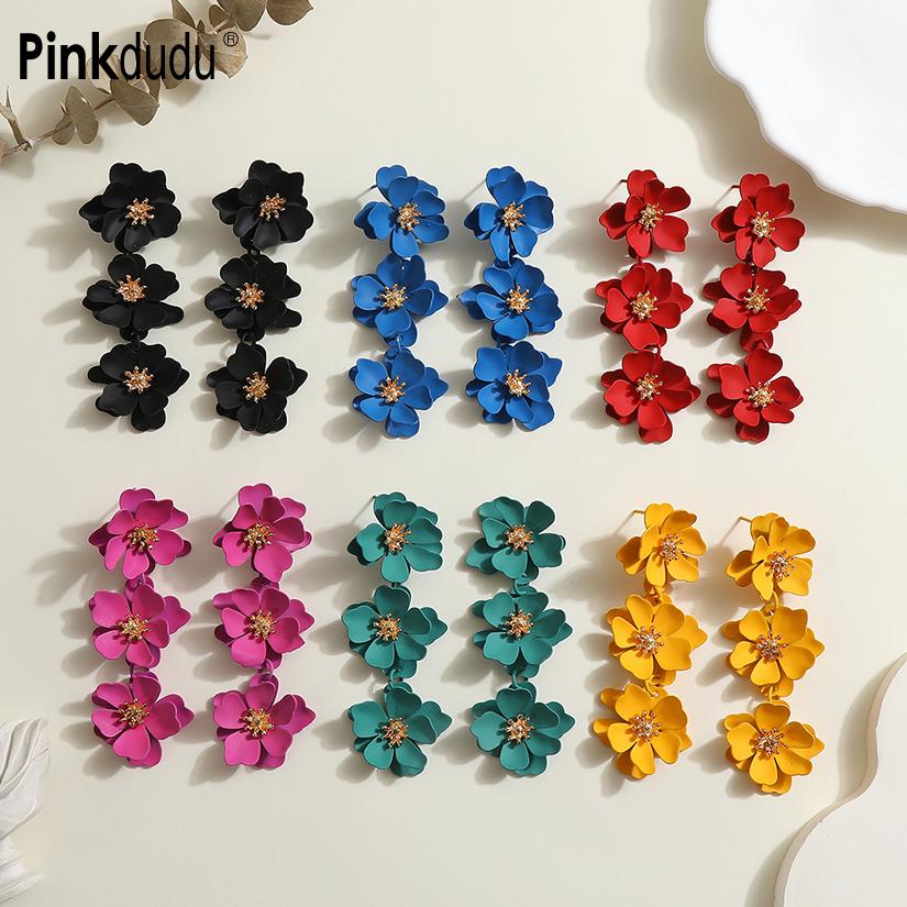 Pinkdudu Flowers BOHO Stud Earrings Exaggerated Iron Baked Paint Colorful Dangle Earrings for Women PD2234