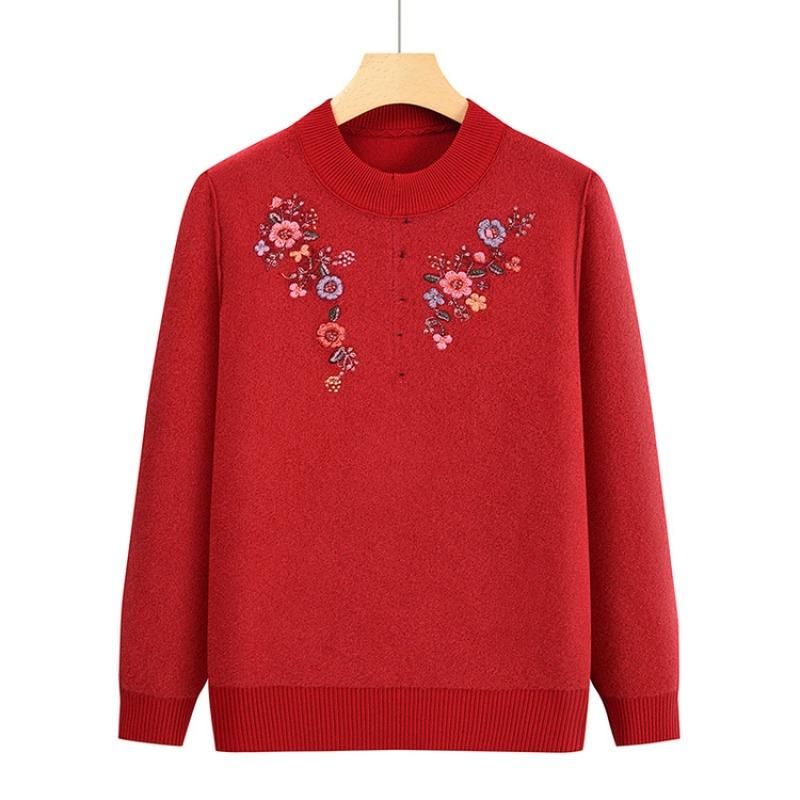 Middle-aged and old fleece mother sweater thickened women's knitted sweater integrated fleece warm backing top mother-in-law clothes