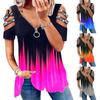 Top da Donna in Seta di Latte T-shirt Estiva Scollatura a V Maniche Corte con Traforo e Decorazioni di Strass Orlo Ampio Colore a Contrasto Degradé Taglia Grande